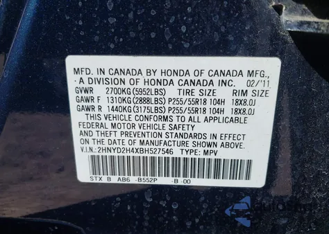 2011 Acura Mdx Technology Package from USA, damaged, VIN 2HNYD2H4XBH527546